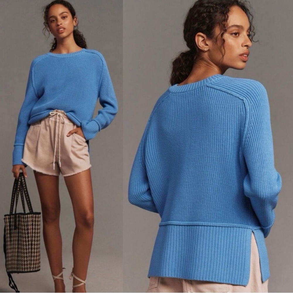 Anthropologie || Pilcro Easy Pullover Sweater Knit Crew Neck Split Hem Blue‎ L